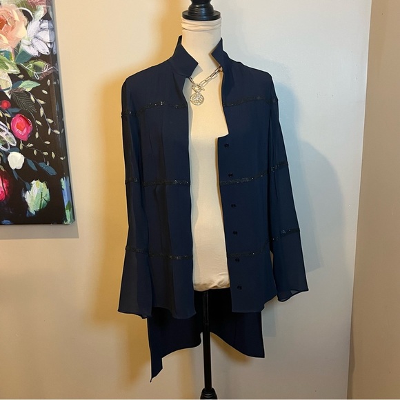 AKRIS Elegant Navy Mulberry Silk Blouse with Black Swarovski Jewel Trim, size 6 - Picture 13 of 13
